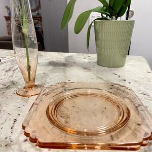 Pink Depression Glass Set Scalloped Corners beautiful grape etching Bud Vase